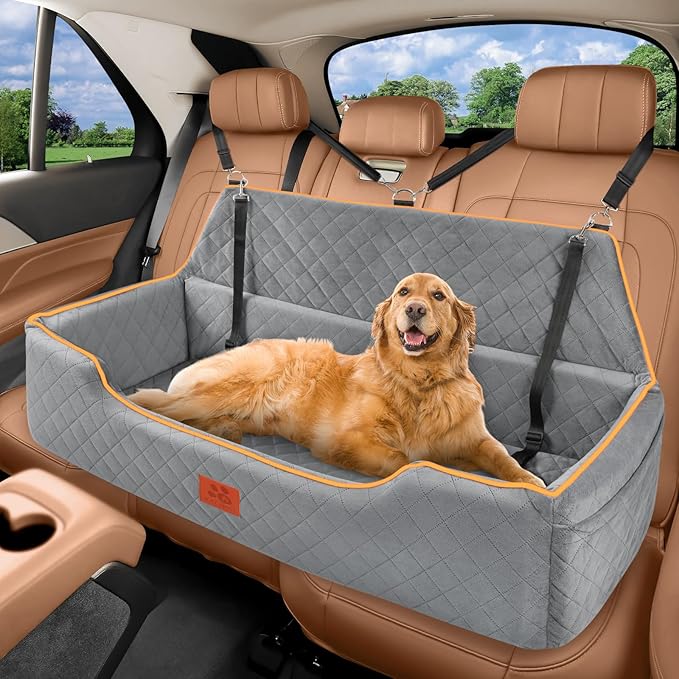 Large Dog Car Seat for Dods Under 100 Lbs, Memory Foam Dog Car Bed for Backseat & Trunk, Detachable and Washable Cover, Pet Travel Seat with Storage Pockets, 2 Safety Belts