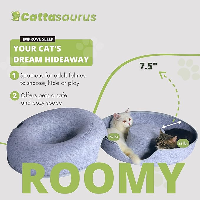 Cattasaurus Peekaboo Cat Cave Donut for Multiple & Large Cats up to 30-45 lbs, 3-in-1 Self Warming Cat Bed, Tunnel & Scratcher for Indoor Cats, Washable & Detachable Small Dog Bed (Light Gray, Large)