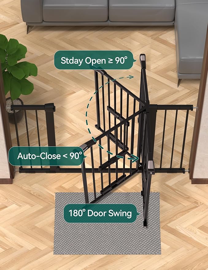 BABELIO 29-48" Extra Wide Baby Gate with Cat Door, Auto Close Metal Pet Door for Stairs, Doorways, House, Pressure/Hardware Mounted, Easy Walk Thru, Black