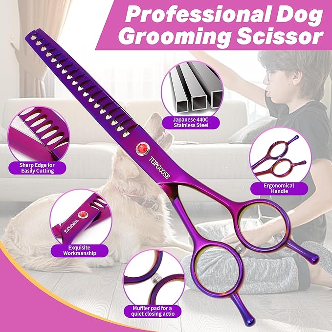 TOPGOOSE 7.5" Dog Grooming Scissor - Professional Thinning Chunker Shear with 18 Teeth Japanese Stainless Steel Hair Scissors for Dogs, Cats and Other Pets (Chunker, Purple)