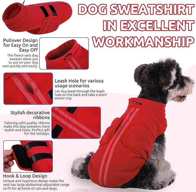 Queenmore Large Dog Sweater, Soft Fleece Vest Pullover Jacket With Leash Hole, Warm Winter Clothes for Cold Weather, Dachshund Sweater for Large Dogs Cats Boy or Girl (Red, L)