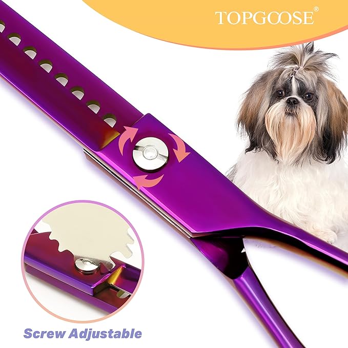 TOPGOOSE Dog Grooming Scissors Kit, Professional 6 in 1 Pet Scissors Sharp Shears Set - Straight, Thinning, Chunker, Curved Shears and Comb for Long Short Hair for Dog Cat (Set, Purple)
