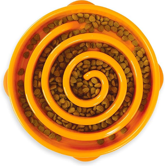 Outward Hound Slow Feeder Dog Bowl – Prevents Bloating & Fast Eating – Large 4 Cup Orange Swirl