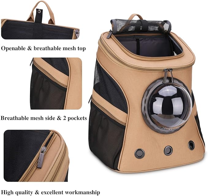 LOLLIMEOW Large Pet Carrier Backpack, Bubble Backpack Carrier for Fat Cats and Puppies,Airline-Approved(Khaki)