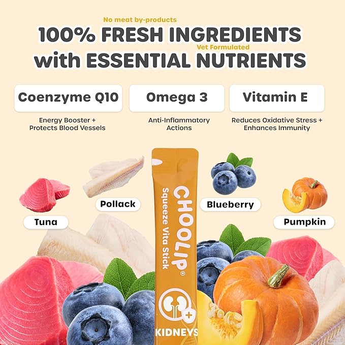 Choolip Squeeze Vita Stick Lickable Cat and Dog Treats, 49-Count Kidney Support Variety Pack, Tuna and Pollack with Cranberry, CoQ10 and Omega-3