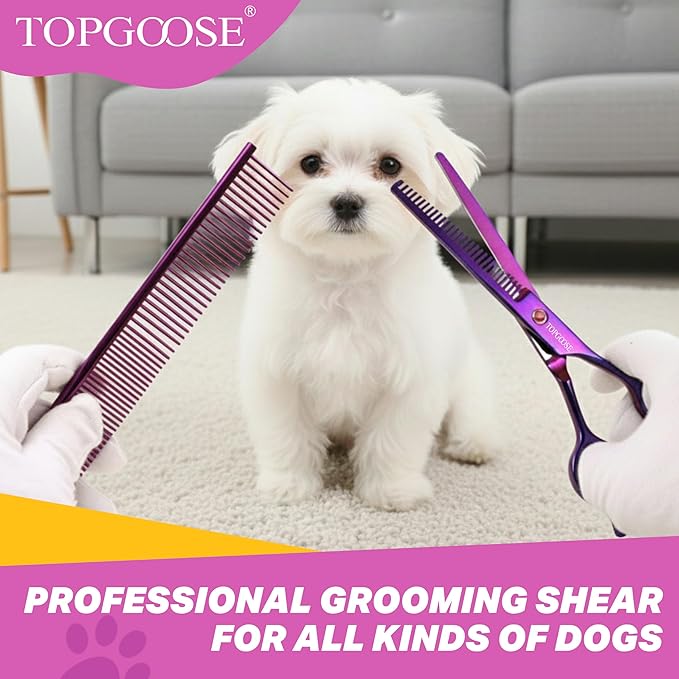 TOPGOOSE 7.5" Dog Grooming Scissor - Professional Thinning Shear with 37 Teeth Japanese Stainless Steel Blender Scissors for Dogs, Cats and Other Pets (Thinning, Purple)