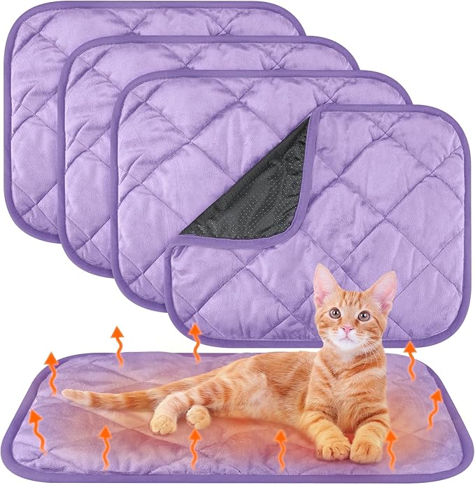 4 Pack Self Heating Cat Pad Self Warming Dog Mat Reflects Body Heat Extra Warm Thermal Pet Pad Washable Dog Cat Bed Crate Bed Mat Blanket(16 x 20 Inch,Purple)