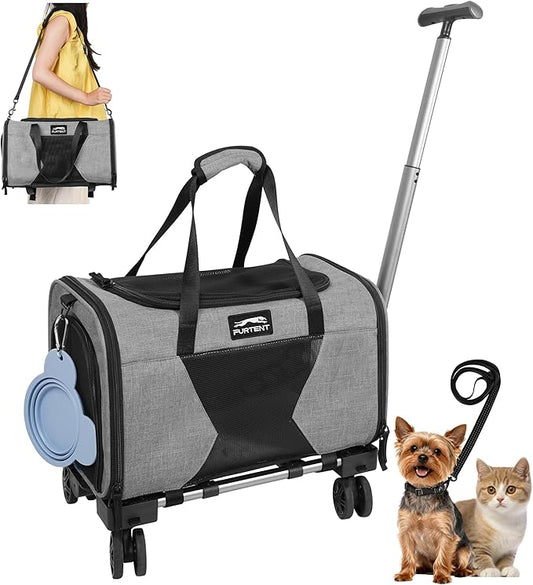 Airline Approved Cat Carrier with Wheels, Airline Cat Carriers in Cabin up to 13lbs, Rolling Soft-Sided Travel Bag for Small Cats and Dogs with Upgraded Wheels and Pet Bowl 16.5 * 11 * 10.2in, Grey