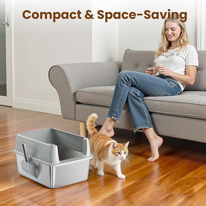 Stainless Steel Sifting Litter Box for Pine Pellets, Sifting Cat Litter Box with Sifter, High Side for Small Cats, Anti-Leakage, Odor Control, Includes Scooper, 17.7" x 13.8" x 11"