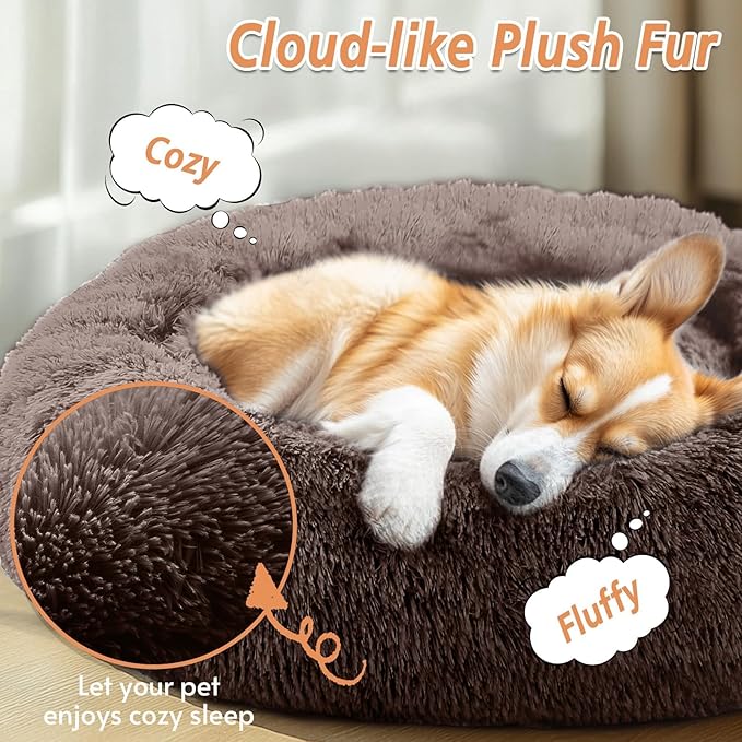 JOLLYVOGUE Calming Dog Beds Large Sized Dog, 36in Donut Washable Large Pet Bed, Anti-Slip & Anti-Anxiety Fluffy Faux Fur Round Dogs Bed, Fits up to 80 lbs Pets （Chocolate）