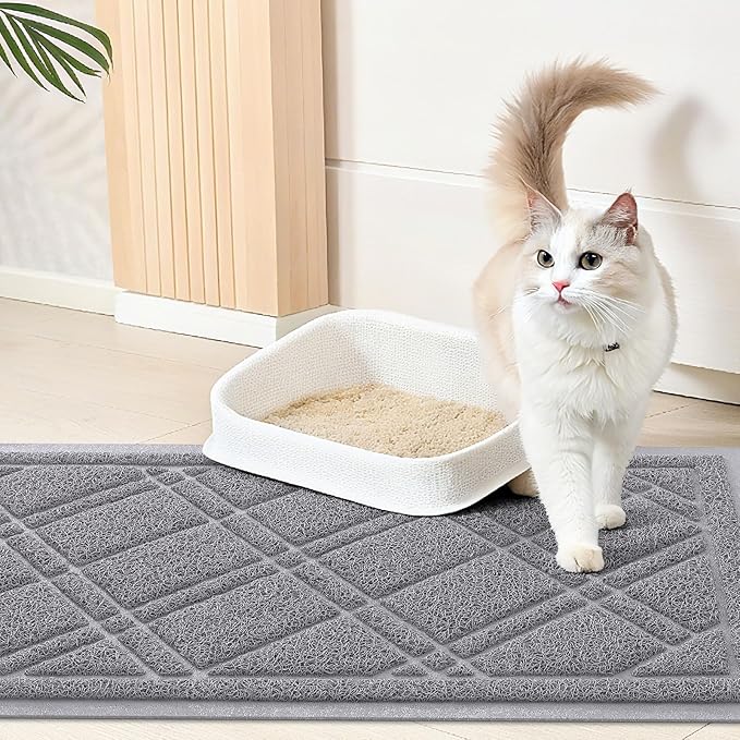 Smiry Cat Litter Box Mat 47x24, Non-Slip Water Resistant Litter Trapping Mat, Easy Clean Less Waste and Urine-Locking Cat Carpet for Indoor, Grey
