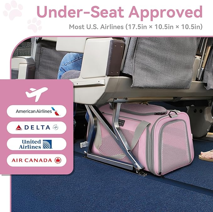 Airline Approved Cat Carrier 17.5×10.5×10.5 in, Escape-Proof Design with Locking Zippers & Safety Leash, Easy-Access 3-Way Entry, Washable Mat, Gift-Ready Holiday Choice for Cats up to 12 lb