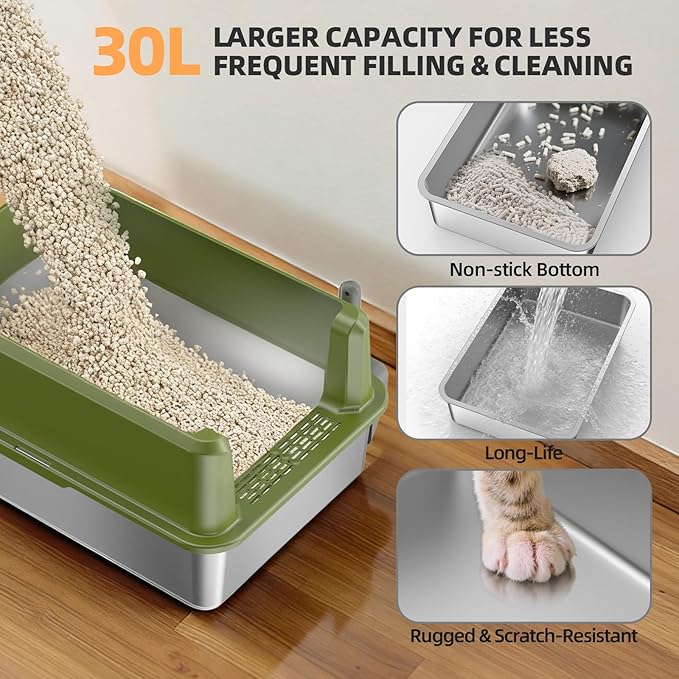 Enclosed Stainless Steel Cat Litter Box with Lid, XL Extra Large Litter Box for Big Cats, Metal Litter Pan High Sided, Never Absorbs Odors, Anti-Urine Leakage, Include Scoop (65-Green)