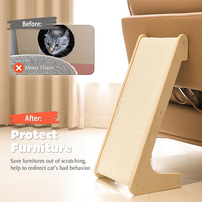 PETKARAY L Shape Cat Scratcher, Sisal Kitty Scratching Ramp, Vertical Scratch Pad for Indoor Cats, 25.2" Furniture Protector with Catnip, White