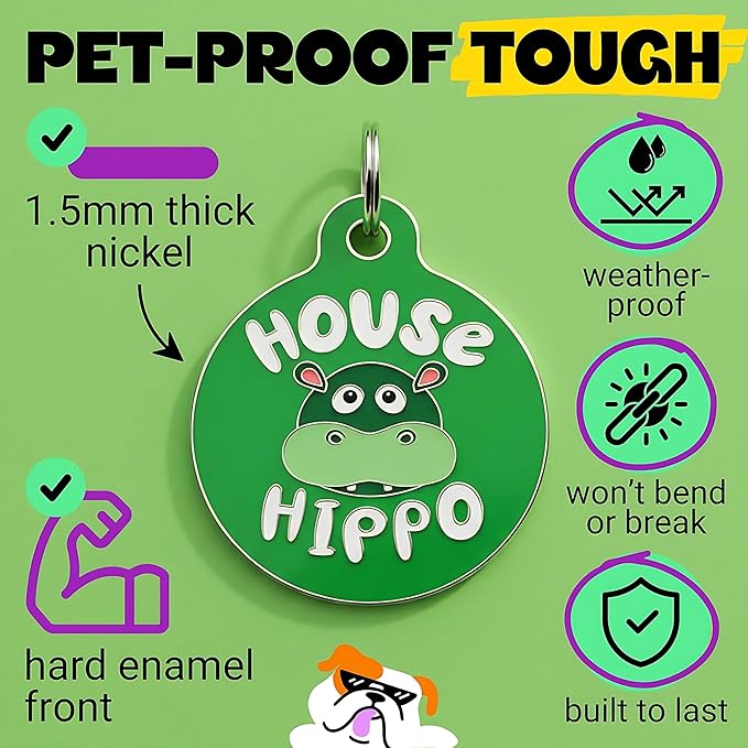 Bad Tags Personalized Dog & Cat ID Tags - Choose from 25+ Tag Designs - Free 5 Lines Custom Engraved - Unique, Cute, Funny, Sassy Pet Tag (House Hippo - Green, Small (1 inch))
