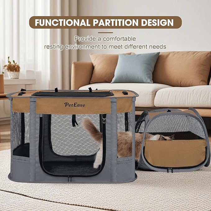 Portable 2-in-1 Dog Crate playpen, Outdoor Cat Playpen with Litter Box Area for Indoor Cats Enclosed Rabbit Puppy Hamster, Indoor/Outdoor Cats Enclosure Cages Tent Tent (Brown)