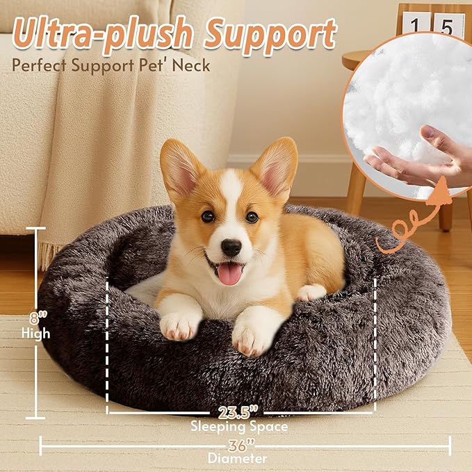 JOLLYVOGUE Calming Dog Beds Large Sized Dog, 36in Donut Washable Large Pet Bed, Anti-Slip & Anti-Anxiety Fluffy Faux Fur Round Dogs Bed, Fits up to 80 lbs Pets （Chocolate）