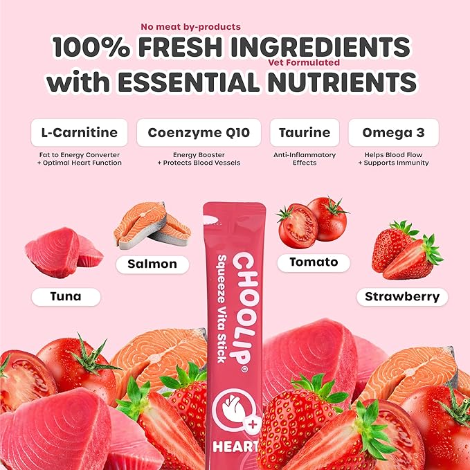Choolip Squeeze Vita Stick Lickable Cat and Dog Treats, 49-Count Heart Support Variety Pack, Salmon and Tuna with CoQ10, L-Carnitine and Taurine