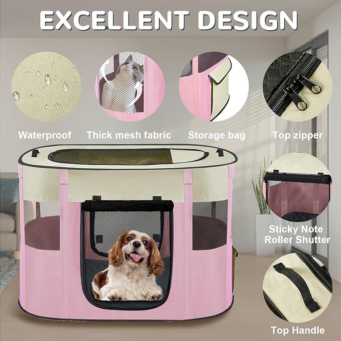 Portable Dog Cat Playpen with Waterproof Pad,Collapsible Pet Puppy Kitten Crate,Foldable Small Animals Kennel Cage for Indoor Outdoor Travel Camping,Water-Resistant Breathable Shade Cover (Pink M)