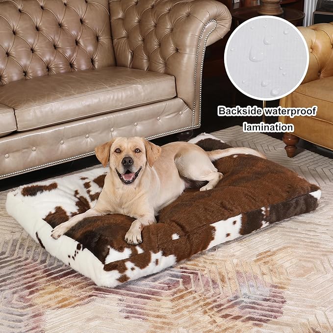 Bedfolks Plush Waterproof Dog Crate Bed, Faux Fur Kennel Pad for Extra Large Dogs, Removable Washable Cover, 41"x27", Cow Print