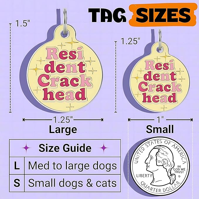 Bad Tags Personalized Dog & Cat ID Tags - Choose from 25+ Tag Designs - Free 5 Lines Custom Engraved - Unique, Cute, Funny, Sassy Pet Tag (Resident Crackhead - Yellow, Small (1 inch))