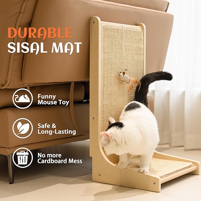 PETKARAY Sisal Cat Scratcher, Upright Cat Scratch Pad Wall Mounted, Vertical Scratching Post Alternative, L Shape Scratching Board 90°