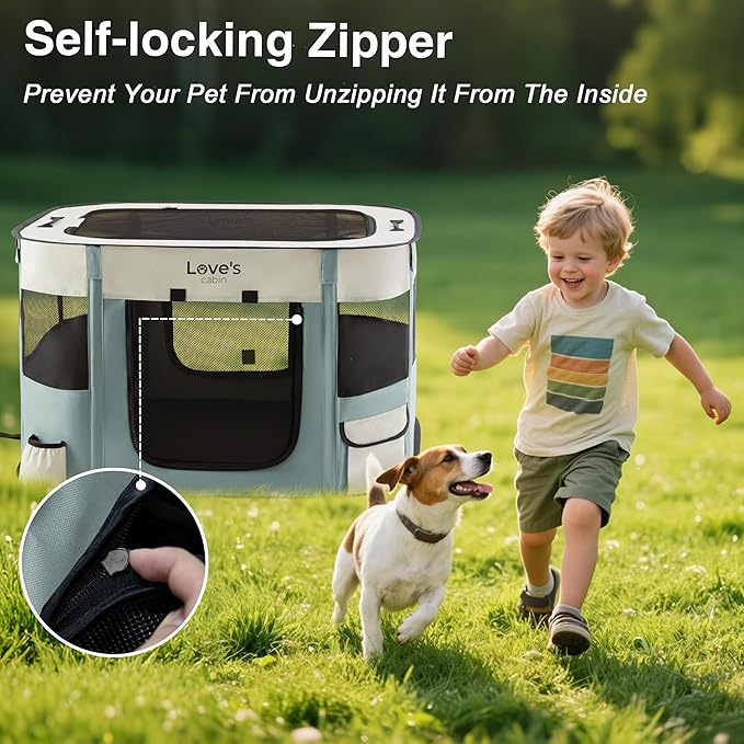 Love's cabin Pet Puppy Dog Playpen, Large Dog Tent Crates Cage Indoor/Outdoor, Portable Exercise Playpen for Cat, Foldable Pop Up Dog Kennel Playpen with Carring Case (L, Gray Green)