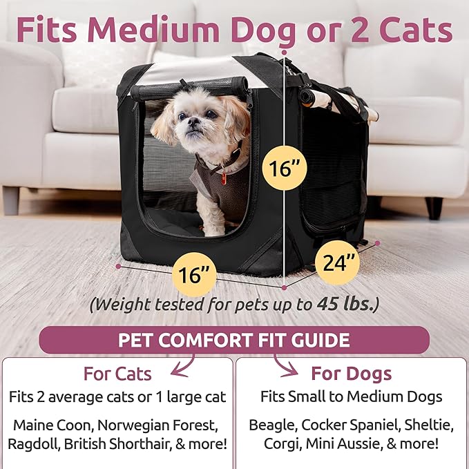 Cat & Dog Pet Carrier, Soft-Sided, Large 24"x16"x16", Fits Large Cat, 2 Cats, or Medium Dog Comfortably, Great for Travel & Vet Visits, Privacy Windows, Removable Bed, Locking Zippers, Foldable