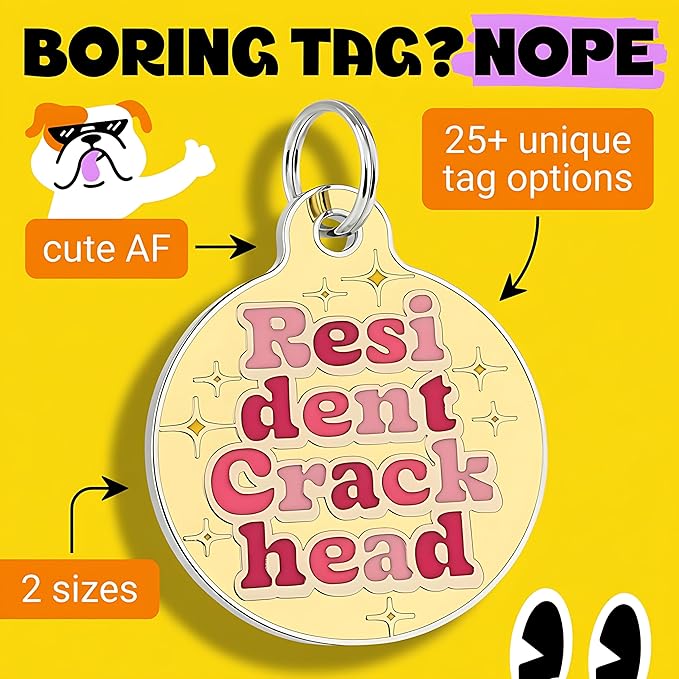 Bad Tags Personalized Dog & Cat ID Tags - Choose from 25+ Tag Designs - Free 5 Lines Custom Engraved - Unique, Cute, Funny, Sassy Pet Tag (Resident Crackhead - Yellow, Small (1 inch))