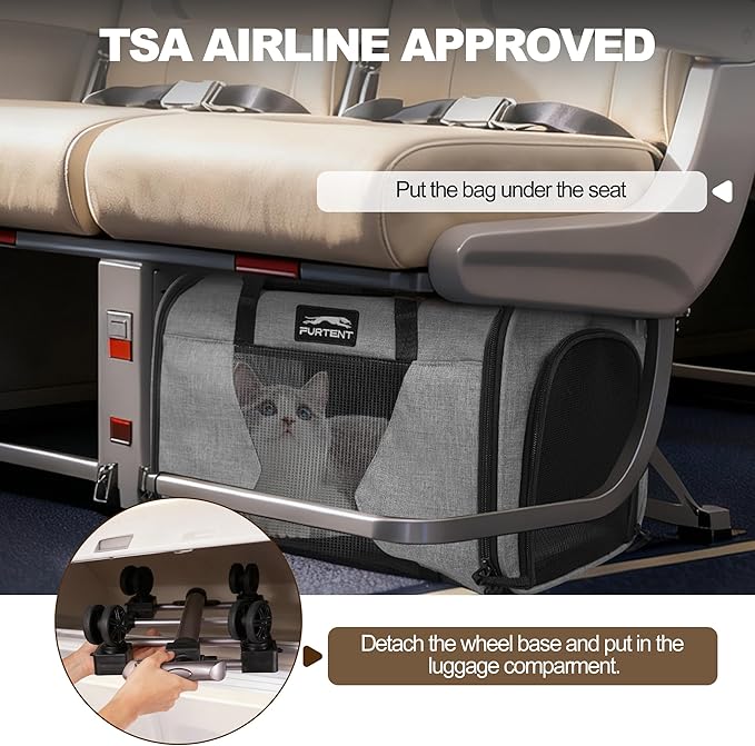Airline Approved Cat Carrier with Wheels, Airline Cat Carriers in Cabin up to 13lbs, Rolling Soft-Sided Travel Bag for Small Cats and Dogs with Upgraded Wheels and Pet Bowl 16.5 * 11 * 10.2in, Grey