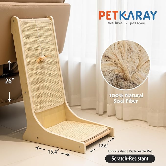 PETKARAY Sisal Cat Scratcher, Upright Cat Scratch Pad Wall Mounted, Vertical Scratching Post Alternative, L Shape Scratching Board 105°