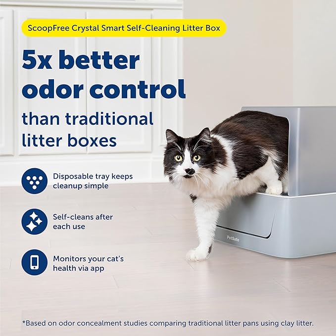 PetSafe ScoopFree Crystal Pro Self-Cleaning Automatic Litter Box - Uncovered Motion-Sensing Cat Box with Integrated Health Counter & App - Includes 1 Disposable Crystal Litter Tray