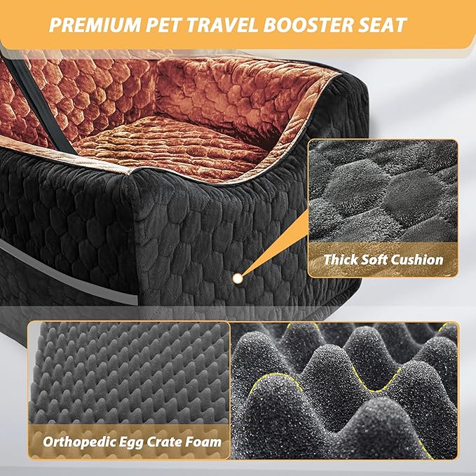 Dog Car Seat for Small/Medium Dogs, Memory Foam Dog Booster Seat, Travel Safety Per Car Seat with Washable Removable Cover, Storage Pockets for Dogs up to 35 lbs (Black/Red Brown, Small)