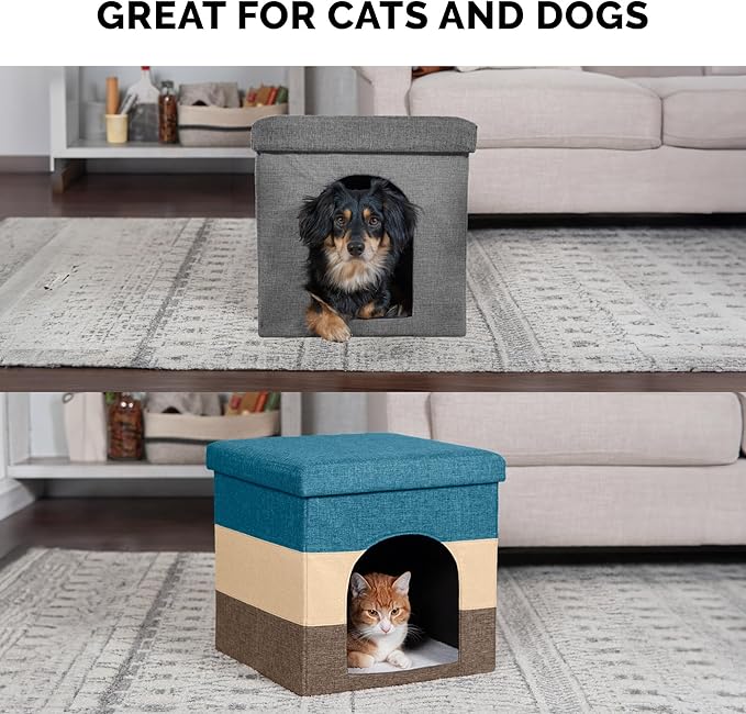 Furhaven Pet House for Indoor Cats & Small Dogs, Collapsible & Foldable w/ Plush Ball Toy - Living Room Footstool Cat Condo - Beach House Stripe (Brown/Blue), Small