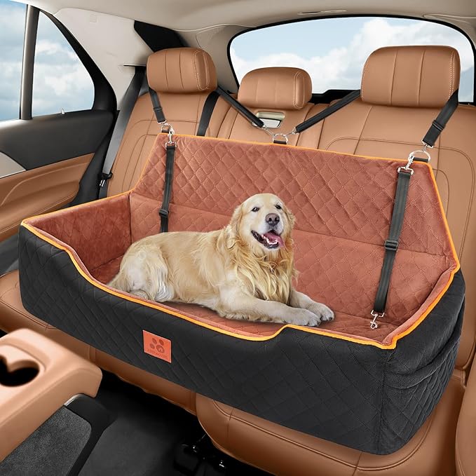 Large Dog Car Seat for Dods Under 100 Lbs, Memory Foam Dog Car Bed for Backseat & Trunk, Detachable and Washable Cover, Pet Travel Seat with Storage Pockets,2 Safety Belts
