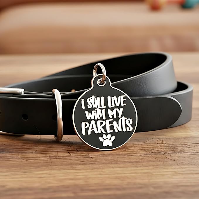 Bad Tags Personalized Dog & Cat ID Tags - Choose from 25+ Tag Designs - Free 5 Lines Custom Engraved - Unique, Cute, Funny, Sassy Pet Tag (I Still Live with My Parents, Large (1.25 inch))