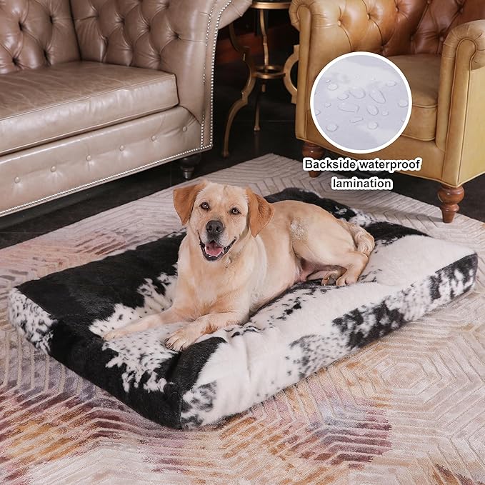 Bedfolks Waterproof Crate Bed, Plush Dog Kennel Pad with Removable Washable Cover, Faux Fur, Fluffy 47"x29", Black-White Cowhide