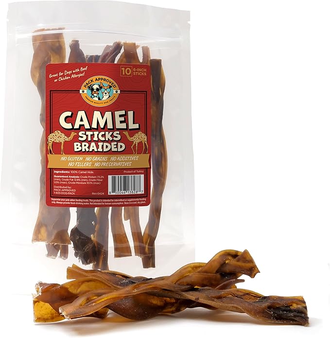 6" Braided Camel Sticks - Long Lasting Dog Chews for Aggressive Chewers - Rawhide Alternative, Grain Free, One Ingredient Treats - Great for Dog Dental Care - (10 Pack)