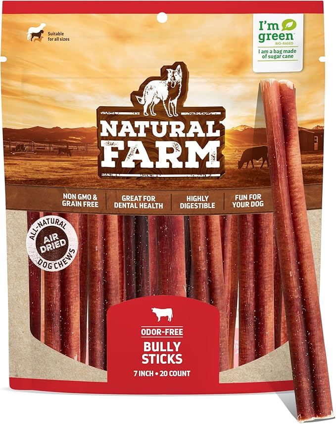 Natural Farm Odor-Free Bully Sticks, 7-Inch Long, 20 Count Bag, 100% Beef Pizzle Chew Treats for Medium & Large Dogs Dogs