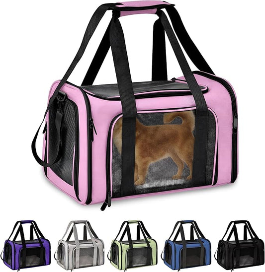 Pet Travel Carrier Bag – Airline Approved Soft-Sided Dog & Cat Carrier, Foldable, Breathable Mesh, Washable Pad – Fits Pets up to 15 lbs – The Pup Quartet (Pink)