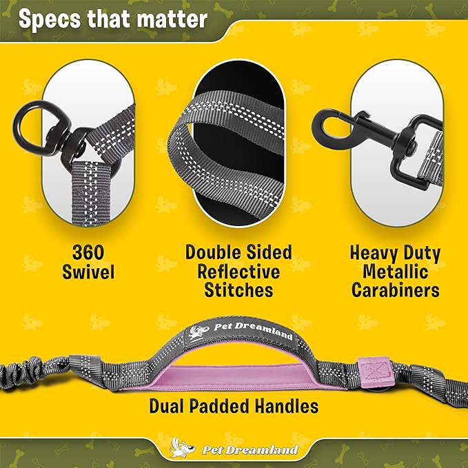 Pet Dreamland Exquisite Dual Dog Coupler for Large Dogs. Trending Double Dog Leash Attachment with Tangle-Free Swivel. You Will Absolutely Love This Amazing Gear for 2 Dogs (Dark Grey & Pink)