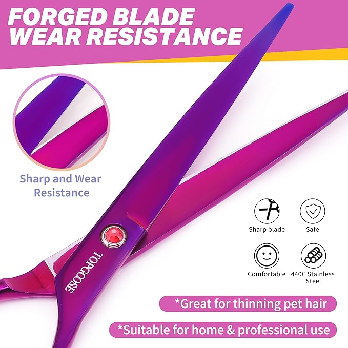 TOPGOOSE 7.5'' Dog Straight Scissors for Grooming 440C Stainless Steel Professional Pet Trimming Scissors Sharp Blades Cutting for Dogs and Cats Shears (Straight, Purple)