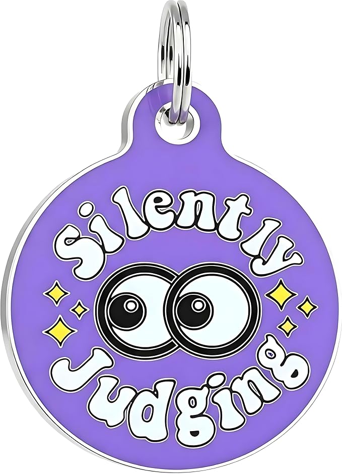 Bad Tags Personalized Dog & Cat ID Tags - Choose from 25+ Tag Designs - Free 5 Lines Custom Engraved - Unique, Cute, Funny, Sassy Pet Tag (Silently Judging - Purple, Large (1.25 inch))