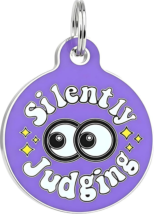 Bad Tags Personalized Dog & Cat ID Tags - Choose from 25+ Tag Designs - Free 5 Lines Custom Engraved - Unique, Cute, Funny, Sassy Pet Tag (Silently Judging - Purple, Large (1.25 inch))