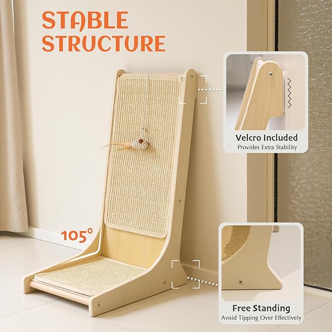 PETKARAY Sisal Cat Scratcher, Upright Cat Scratch Pad Wall Mounted, Vertical Scratching Post Alternative, L Shape Scratching Board 105°