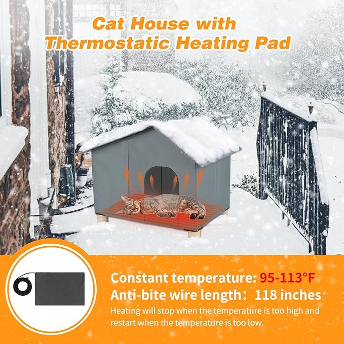 BWOGUE Elevated Heated Cat House for Outdoor Cats in Winter, Waterproof & Insulated Feral Cat Shelter for Outside Cats,Weatherproof Feral Cat House for Outside (Grey, Extra Large)
