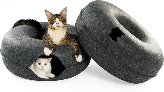 Cattasaurus Peekaboo Cat Cave Duo Jumbo Set, Extra Spacious Cat Donut for Multiple & Large Kitty 15+ lbs, Scratch Detachable Cat Beds for Indoor Cats, Washable Cat Tunnel Bed, Best Kitten Toys