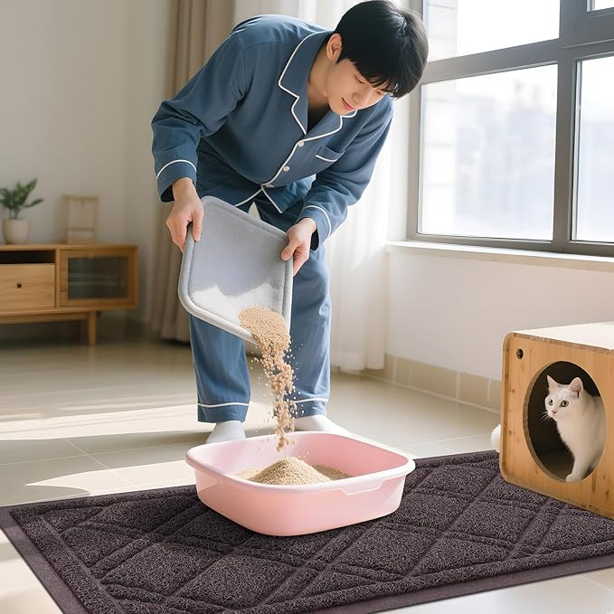 Smiry Cat Litter Box Mat 47x24, Non-Slip Water Resistant Litter Trapping Mat, Easy Clean Less Waste and Urine-Locking Cat Carpet for Indoor, Brown