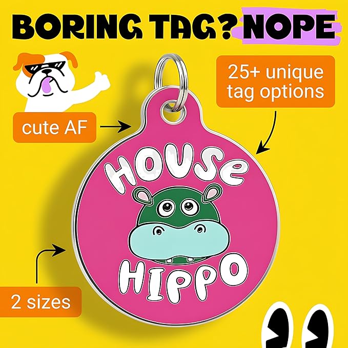 Bad Tags Personalized Dog & Cat ID Tags - Choose from 25+ Tag Designs - Free 5 Lines Custom Engraved - Unique, Cute, Funny, Sassy Pet Tag (House Hippo - Pink, Small (1 inch))
