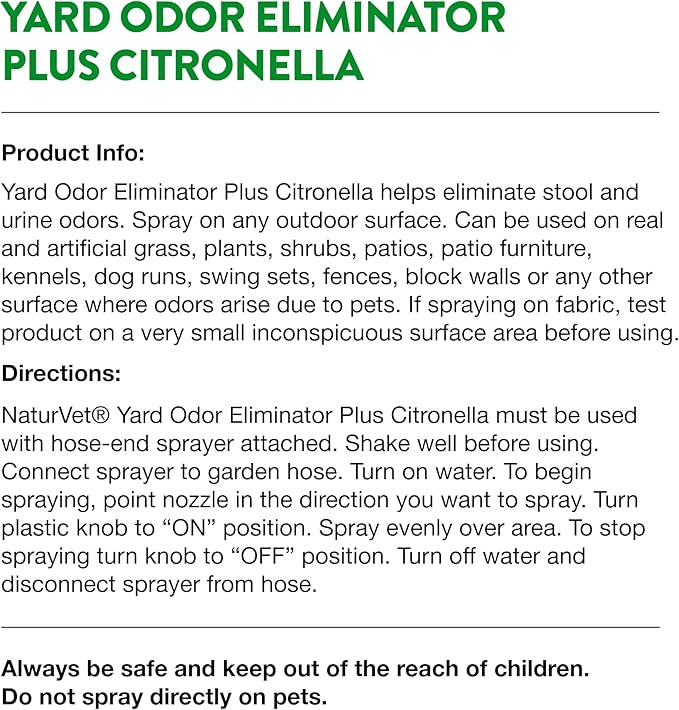 NaturVet – Yard Odor Eliminator Plus Citronella Spray – Eliminate Stool and Urine Odors from Lawn and Yard – Designed for Use on Grass, Patios, Gravel, Concrete & More – 32oz with Hose Nozzle